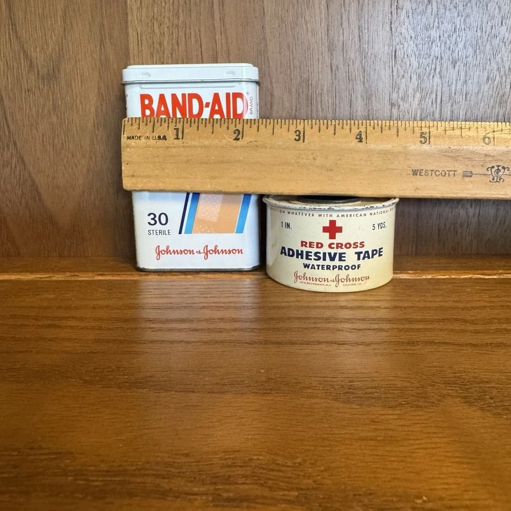 Vintage Johnson & Johnson Band Aid Plastic Bandages & Adhesive Tape Metal Tins